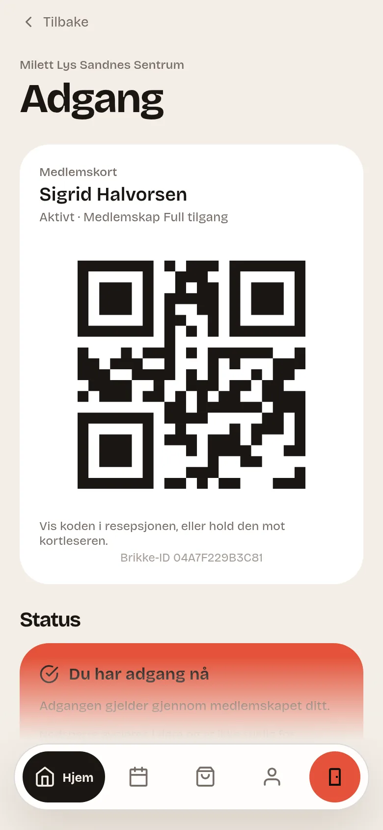 Medlemskortet i appen, med QR-kode for adgang