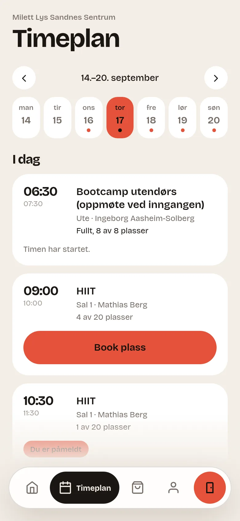 Timeplanen i medlemsappen, med gruppetimer og ledige plasser