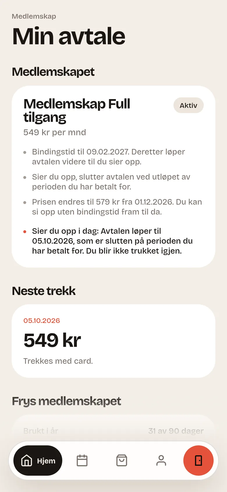 Medlemsavtalen i appen, med bindingstid, oppsigelse og neste betaling