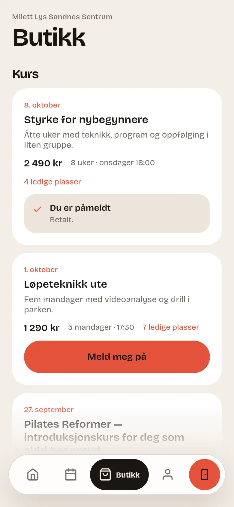Kurs og produkter som selges i appen