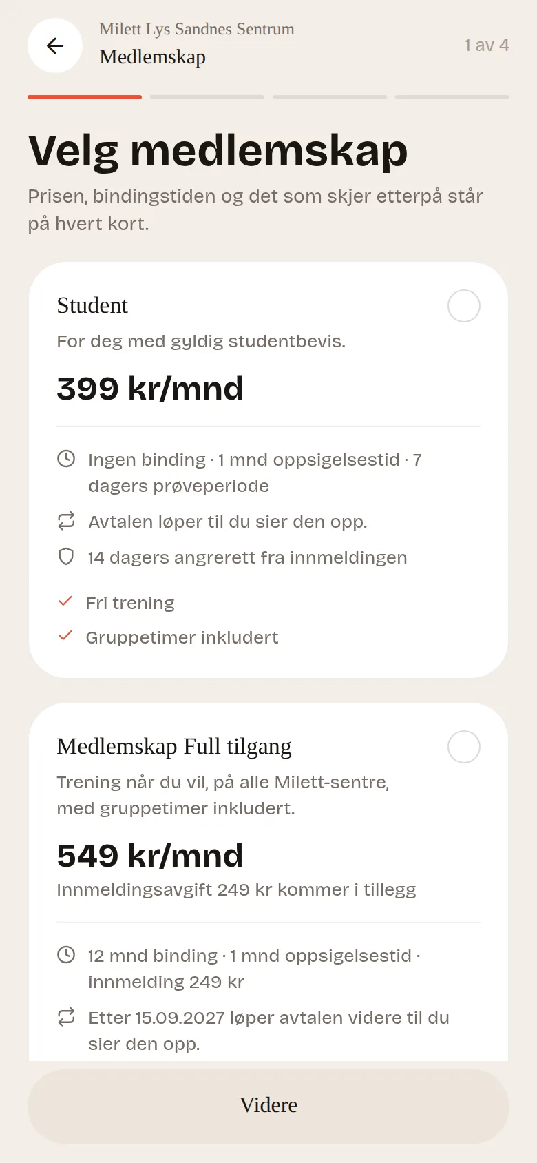 Innmelding i appen, der medlemmet velger medlemskap