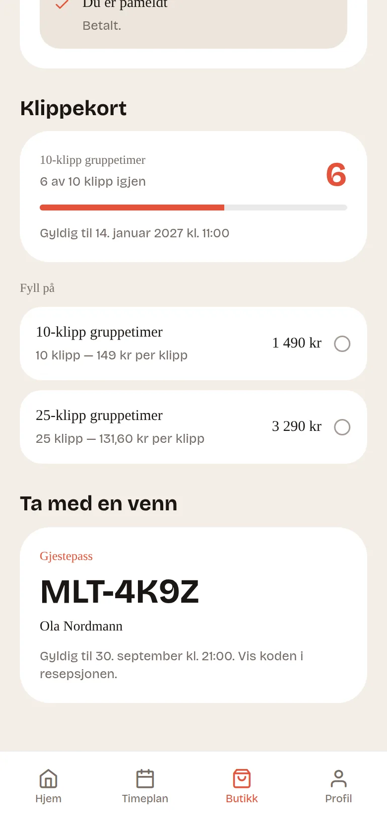Klippekort og gjestepass i appen